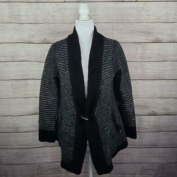 Carve Designs Wool Shawl Black White Striped Cardigan XL - Picture 1 of 8